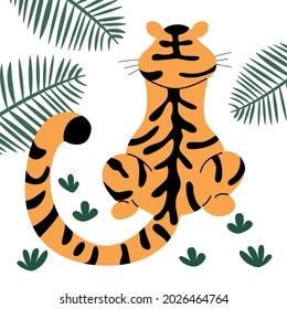 Chinese tiger with spots in the wild for kids education or coloring pages.  Palm leaves.  Wild cute predatory cats isolated on white background.  Vector flat illustration.
