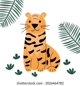 Chinese tiger with spots in the wild for kids education or coloring pages.  Wild cute predatory cats isolated on white background.  Vector flat illustration.