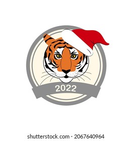 Chinese Tiger, symbol of 2022. The face of a tiger in a Santa Claus hat. Flat style Vector Illustration.