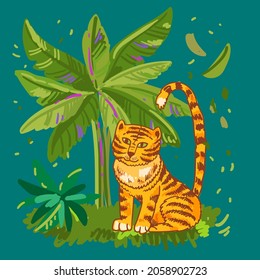 Chinese tiger vector illustration. Hand drawn beautiful tiger. Symbol of 2022 new year. Cartoon style.