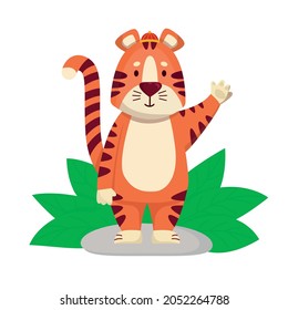 Chinese tiger waves his paw and smiles, symbol 2022