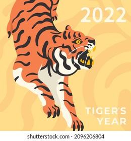 Chinese tiger Year, 2022 Square card design with oriental Asian striped animal mascot in motion. Modern Festive background with holiday text. Colored flat vector illustration