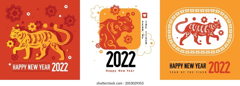 Chinese tiger zodiac sign design concept with three square compositions of editable text and ornate tigers vector illustration