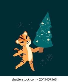 Chinese Tiger,Happy New Year Christmas Greeting Card.Cute Cartoon Cat with Christmas Tree.Chinese 2022 Symbol.Holiday Animal.Winter Atmosphere.Festive Design.Calendar,Cards,Advertising Illustration
