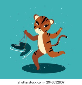 Chinese Tiger,Happy New Year Christmas Greeting Card.Cute Cartoon Cat with Skates.Chinese 2022 Symbol.Holiday Animal.Winter Atmosphere.Festive Design.Calendar,Cards,Advertising Vector Illustration