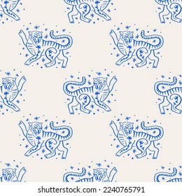 Chinese tigers seamless pattern, boho mystical cats fairytale background, asian oriental style