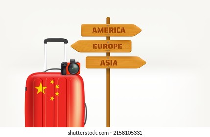 Chinese touristic suitcase with wooden pointer. 3d vector banner with copy space
