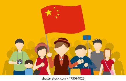 Chinese Tourists And Tour Guide, Inbound Tourism, Vector Illustration