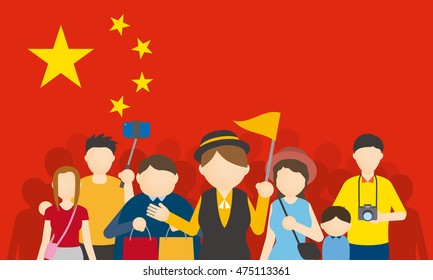 Chinese Tourists And Tour Guide, Inbound Tourism, Vector Illustration