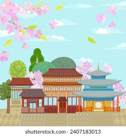 Chinese town with ancient oriental buildings and blooming trees. spring cityscape with ornate detailed houses