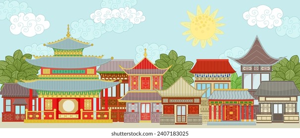 Chinese town with ancient oriental buildings. panorama sunny china cityscape with ornate detailed houses and trees