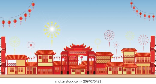 Ciudad china celebra fiesta de año nuevo en China Town, feliz año nuevo en China, arte de papel y ilustración vectorial de estilo artesanal.