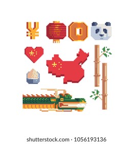 Chinese tradition elements icons set part 4. Pixel art 80s style. Asian theme red lantern and happy coin, dragon and panda head. Flag of China. Stickers design. 8-bit. Isolated vector illustration.