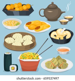 Chinese Tradition Food Dish Delicious Cuisine Asia Dinner Meal China Lunch Cooked Vector Illustration