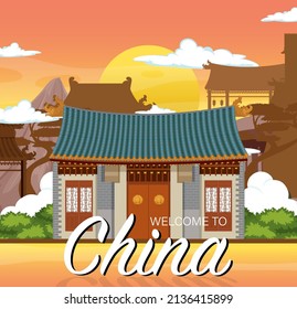 Chinese tradition house building background illustration