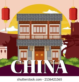 Chinese tradition house building background illustration