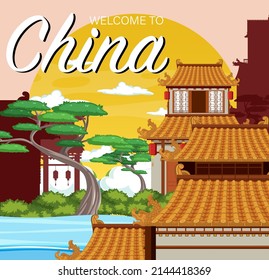 Chinese tradition house building background illustration