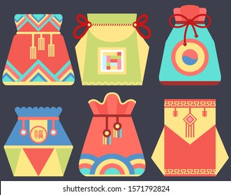 Chinese tradition vector, fortune bag for luck and prosperity flat style sac. Fabric cloth with ornaments and decoration, oriental wishing and celebration of Asian holidays. China and Korea customs