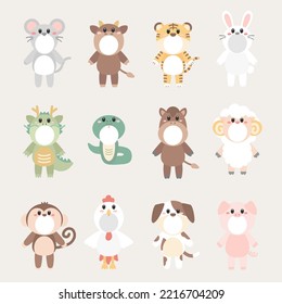 Chinese traditional 12 zodiac animals illustration vector set.