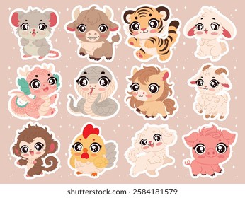 Chinese traditional 12 zodiac animals. rat, ox, tiger, rabbit, dragon, snake, horse, goat, monkey, rooster, dog and pig. Vector illustration. Chibi style. Cute