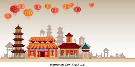 Chinese Traditional Abstract Buildings Colorful Ornament Banner Flat Vector Illustration