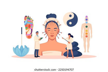 Chinese traditional alternative medicine. Acupuncture, treatment of internal organs. Practitioner therapist, acupuncturist working on female patient. Aromatherapy. Stress relief, healing process