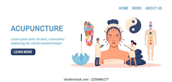 Chinese traditional alternative medicine. Acupuncture, treatment of internal organs. Practitioner therapist, acupuncturist working on female patient. Aromatherapy. Stress relief, healing process