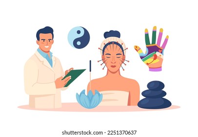 Chinese traditional alternative medicine. Acupuncture, treatment of internal organs. Practitioner therapist, acupuncturist working on female patient. Aromatherapy. Stress relief, healing process