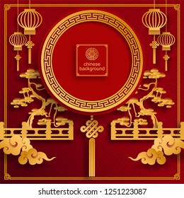 Chinese traditional and asian elements background template on paper color Background.