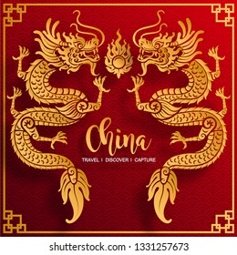 Chinese traditional and asian elements with gold dragon patterned template on paper color Background.