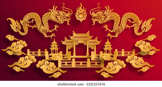 Chinese traditional and asian elements with gold dragon patterned template on paper color Background.