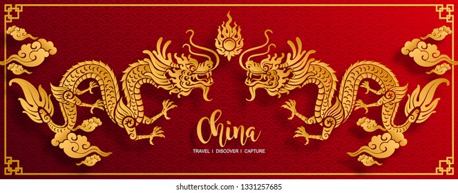 Chinese traditional and asian elements with gold dragon patterned template on paper color Background.