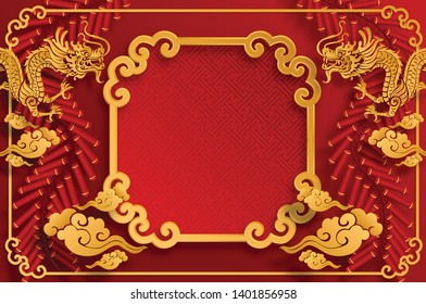 Chinese traditional and asian elements with gold dragon patterned template on paper color Background.