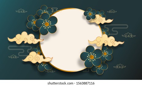 Chinese traditional background decorated with white circles, flowers, and cloud Chinese. Vector illustration.