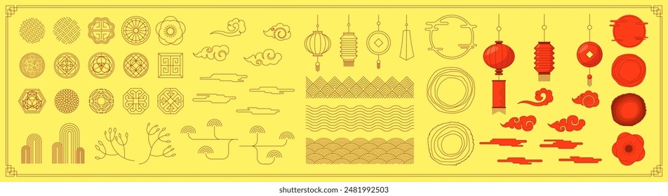 Chinese traditional banner decoration element set. Korean and Japanese decorative pattern and lantern. Asian full moon flower and cloud. Oriental folk linear ornament sun shapes concept for decor. Eps