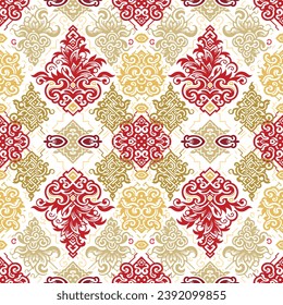 Chinese traditional beautiful seamless pattern. Vector ornamental ethnic floral background. Isolated colorful red gold ornaments on white background. Chinese new year. Endless ornate texture.