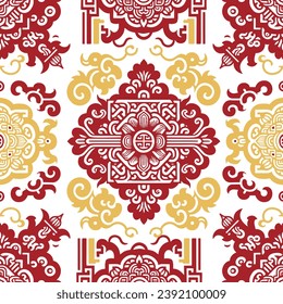 Chinese traditional beautiful seamless pattern. Vector ornamental ethnic floral background. Isolated colorful red yellow ornaments on white background. Chinese new year. Endless ornate texture.