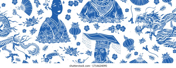 Chinese Traditional Blue Ceramic Background. Old School Tattoo Style. Dragon, Emperor, Queen In Traditional Costume, Fan, Lantern, Lotus Flower. Ancient Oriental Culture. China Seamless Pattern 