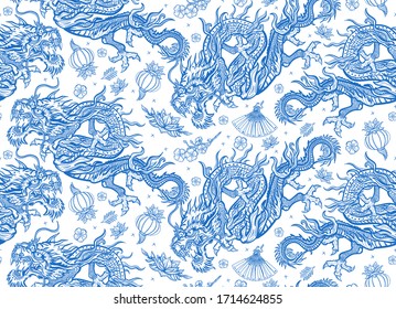 Chinese traditional blue ceramic background. Dragons seamless pattern. Ancient China history and culture. Asian travel background. Oriental art. Flying snakes, fan, lantern and lotus flowers 