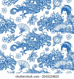 Chinese traditional blue ceramic background. Dragons and fashion woman, fan, lantern. History and culture of Asia. Ancient China seamless pattern. Oriental art