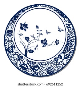 Chinese Traditional Blue And White Porcelain, Peony And Butterflies