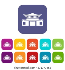 Chinese traditional building. icons set vector illustration in flat style In colors red, blue, green and other