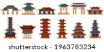 Chinese traditional buildings. Asian traditional buildings, pagoda gate, temple and palace heritage vector illustration set. Oriental ancient architecture. Pagoda china, ancient palace building