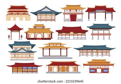 Chinese traditional buildings. Asian traditional buildings, pagoda gate, temple and palace heritage set. Oriental ancient architecture. Cartoon flat vector illustration