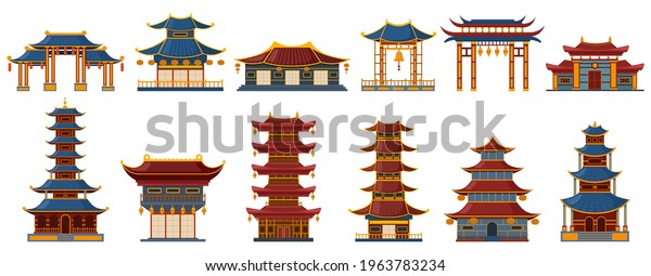 Chinese traditional buildings. Asian traditional\
buildings, pagoda gate, temple and palace heritage vector\
illustration set. Oriental ancient architecture. Pagoda china,\
ancient palace\
building