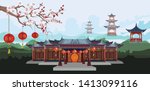 Chinese Traditional Buildings with Chinese lanterns hang together with plum blossoms on beautiful mountain scenery and sky- vector