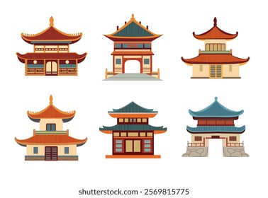 Chinese traditional buildings set, flat vector illustration, cartoon china house clip art, traditional oriental architecture, ancient asian home and gate