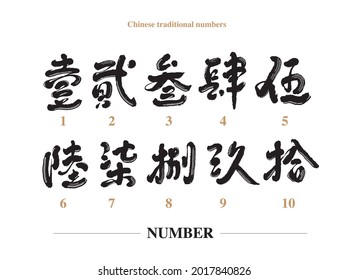 Chinese traditional calligraphy Chinese character "number 1 to 10", Vector graphics