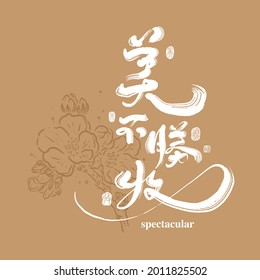 Chinese traditional calligraphy Chinese character "spectacular", The word on the seal means " spectacular", with Line flower illustration, Vector graphics