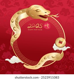 Padrão de nuvem tradicional chinesa, cobra de relevo dourado sobre fundo vermelho. Tradução para o chinês: Ano Novo da Cobra